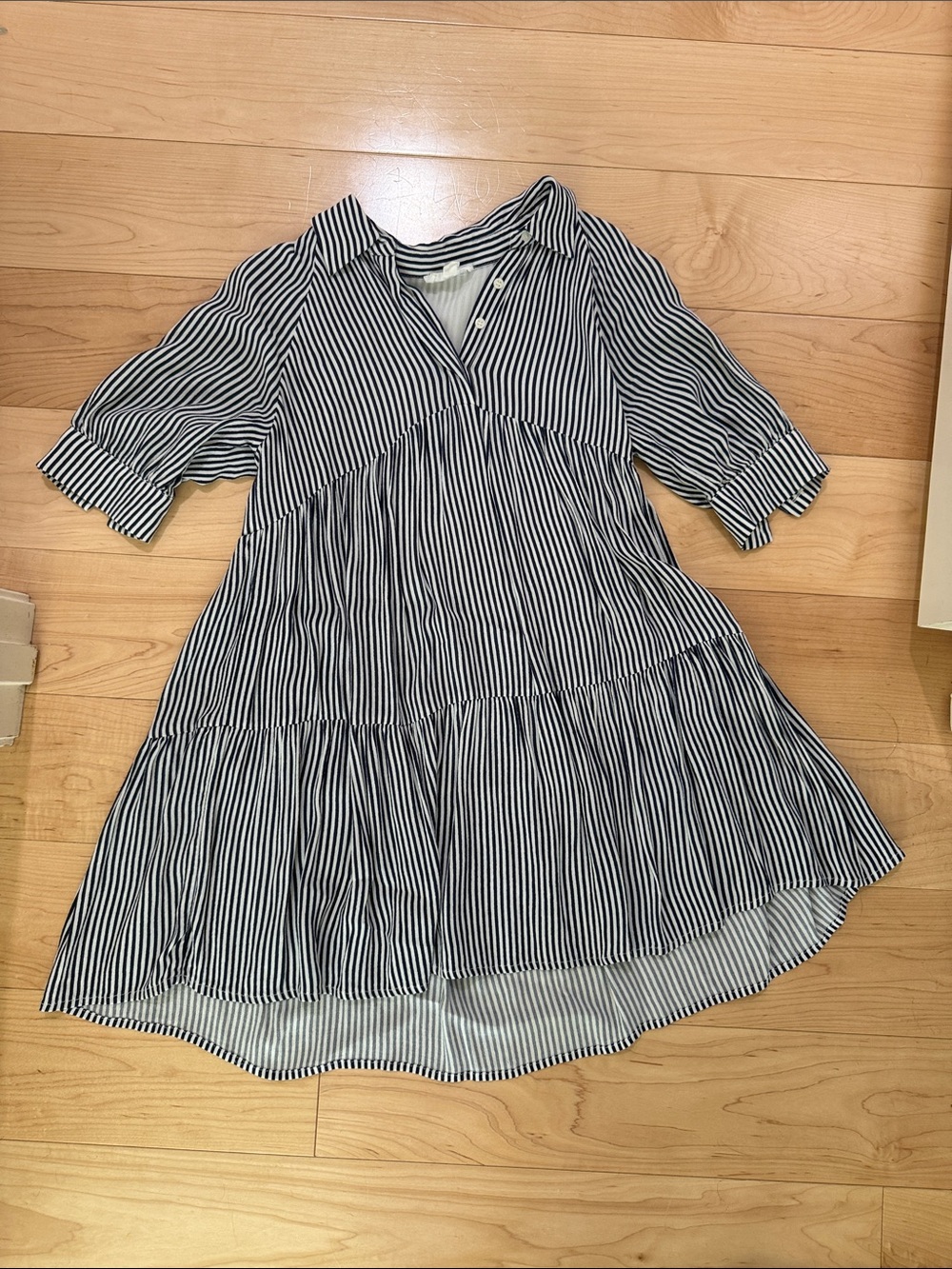 Striped V-Neck Tiered Dress in Navy and White